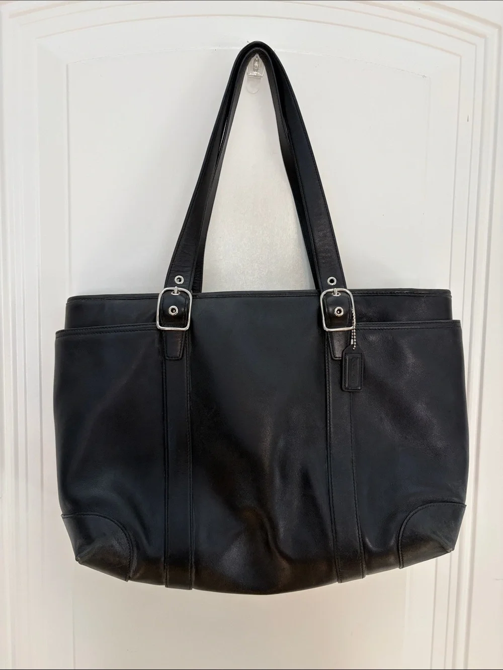 Coach Black Leather Tote with Silver Buckle Details